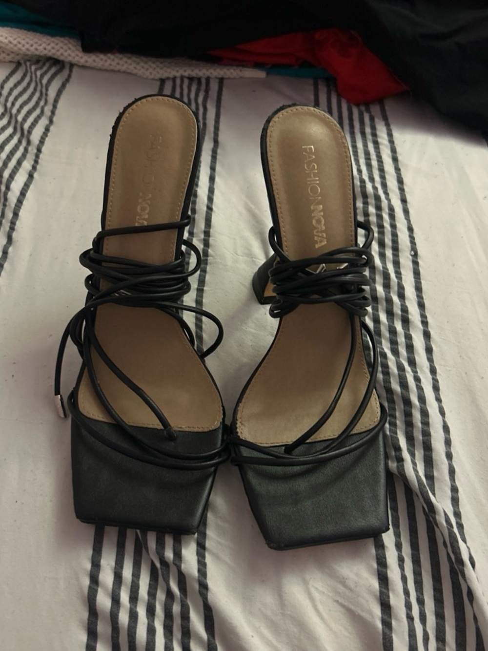Fashion Nova Black Square-Toe Strappy Lace-Up Heels
